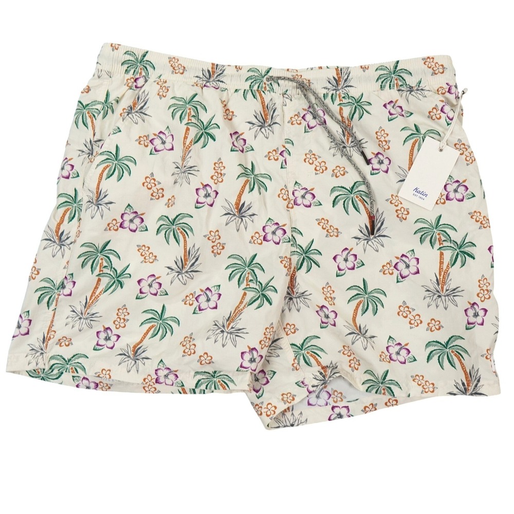 Katin Aruba Volley Swim Trunks Men XXL Cream Tropical Palm Floral Board Shorts